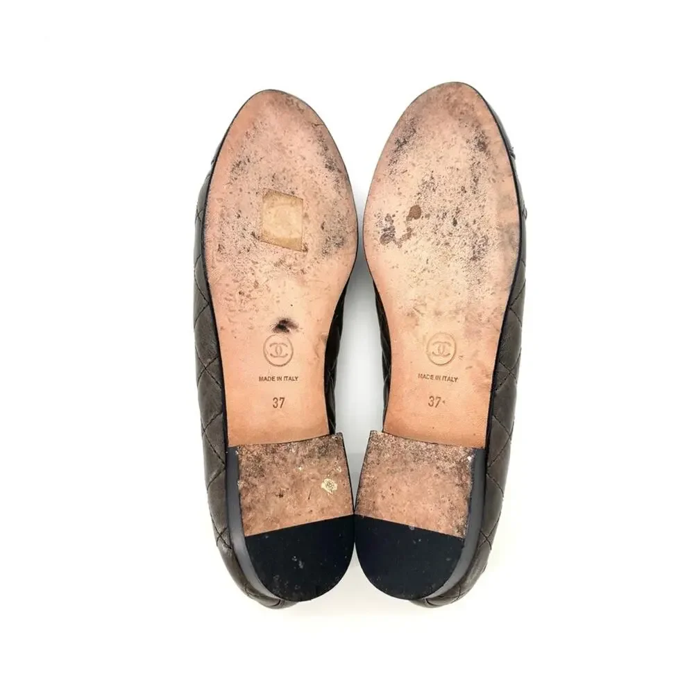 Chanel Crumpled Calfskin Quilted CC Bow Cap Toe Ballerina Flats 37